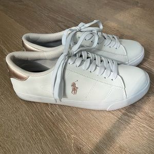 Good condition. White Rose Gold Polo Ralph Lauren Women Sneakers Size 6